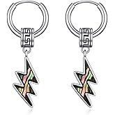 MEDWISE Viking Lightning Bolt Hoop Earrings for Men Women, 925 Sterling Silver Abalone Shell Dangle Huggie Earrings, Norse Punk Gothic Jewelry, Unisex Statement Gift