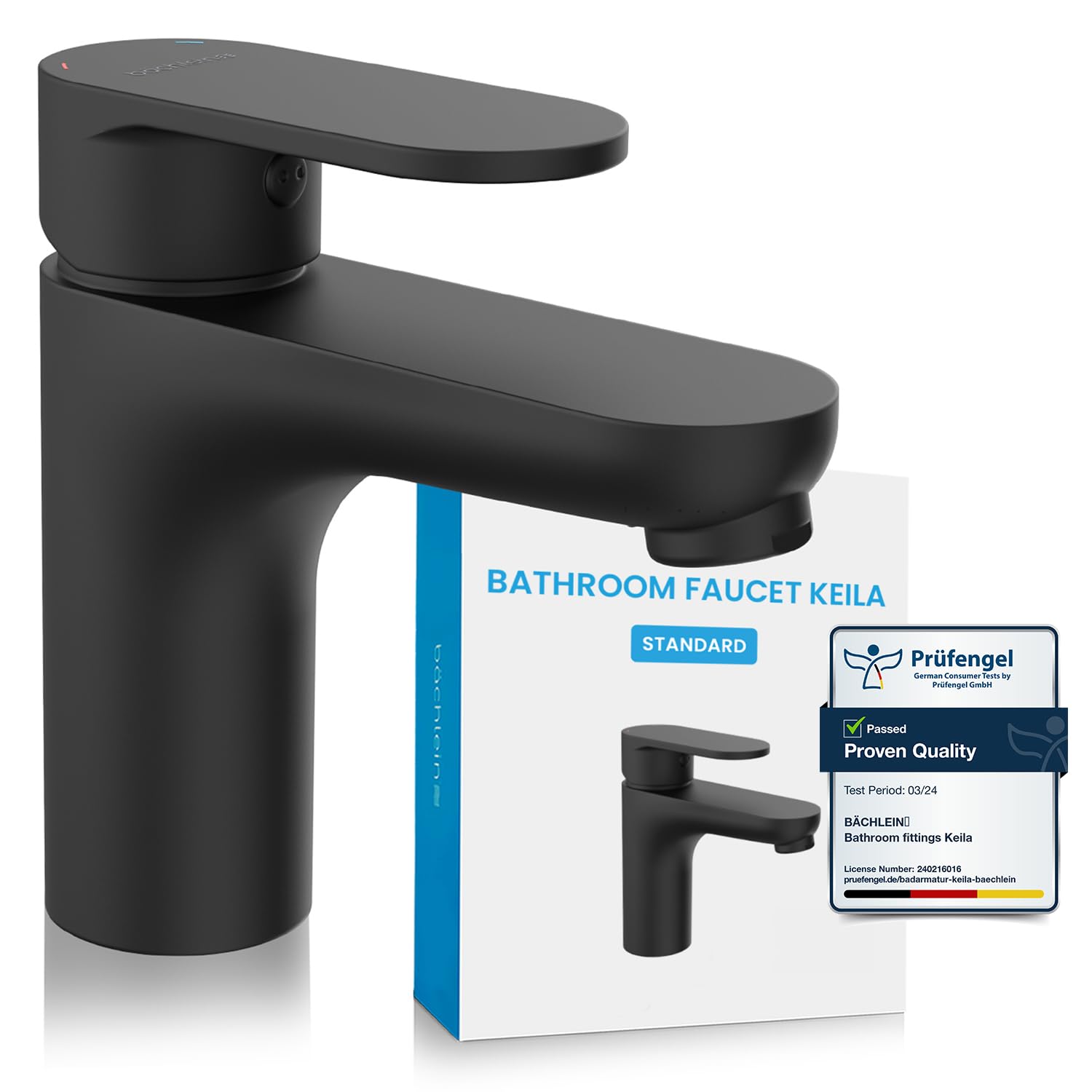 Bächlein Tap for The Bathroom in Classic Design, Single-Lever Mixer with Durable Ceramic Cartridge and Installation Set, Bathroom Faucet Matt Black - Classic