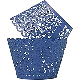 SUYEPER 100pcs Cupcake Wrappers Artistic Bake Cake Paper Cups Little Vine Lace Laser Cut Liner Baking Cup Muffin Case Trays for Wedding Party Birthday Decoration (Navy Blue)