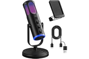 PUPGSIS USB Gaming Microphone for PC,Noise Cancellation Computer Condenser Mic with Reverb,RGB,Mute,Monitoring,Pop Filter for