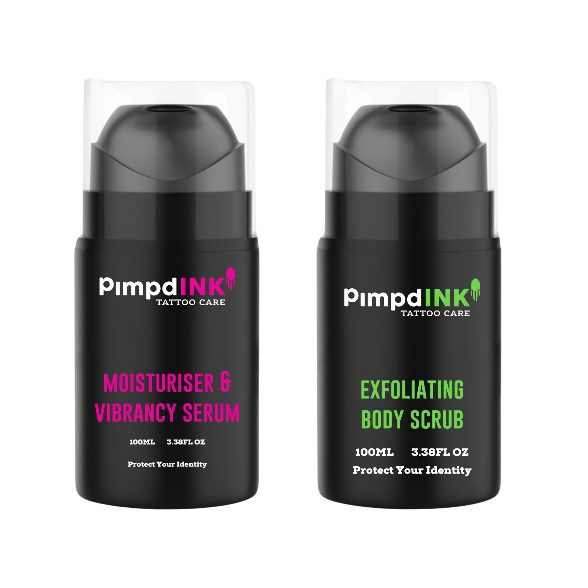 PimpdINK Tattoo Aftercare Kit Bundle | Moisturiser & Vibrancy Serum and Exfoliating Body Scrub | 100ml Airless Pump