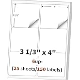 3 1/3" x 4" (25 Sheets) Address Labels, Labels Sticker Paper for Laser/Ink Jet Printer, Printable and Writable White Sticker Labels- Matte, 6 per Page Labels (Total 150 Labels)