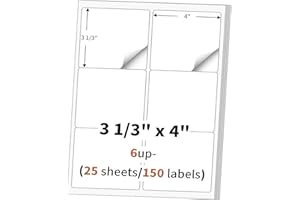 MULTILABEL 3 1/3" x 4" (25 Sheets) Address Labels, Labels Sticker Paper for Laser/Ink Jet Printer, Printable and Writable White Sticker Labels- Matte, 6 per Page Labels (Total 150 Labels)