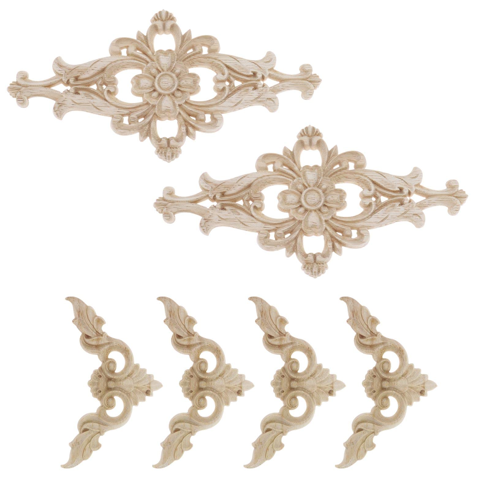 eMagTech 6PCS Wood Carved Appliques Unpainted Onlay Furniture Corner Ornament Long Appliques Wooden Flower Shape Decoration for Cabinet Door Window Mirror