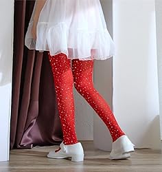 LUCKELF Girls Red Glitter Tights, Rhinestone, 6-8