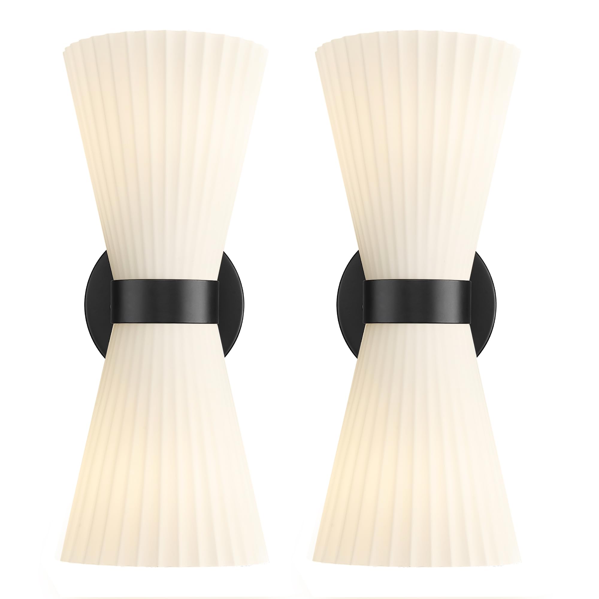Photo 1 of Black Wall Sconces Set of Two, HWH Modern Wall Light Fixtures Indoor Wall Lamp Up and Down, Matte Black Finish with Frosted Milk White Striped Glass Shade, 5HZG97B-2W-2PK BK