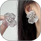 Boho Gold Flower Earrings for Women Dainty Big Pearl Floral Stud Earrings Lightweight Cubic Zirconia Petal Statement Earrings Trendy Jewelry Gifts