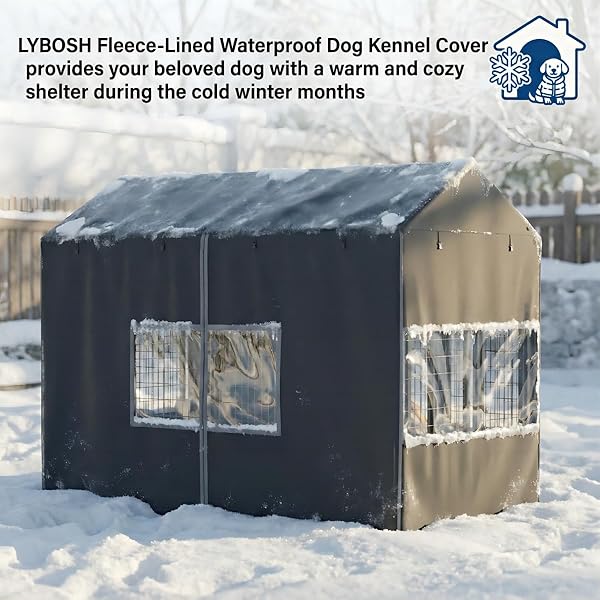 LYBOSH DOG KENNEL COVER 8.1X4.1X6FT – HEAVY DUTY WATERPROOF WINTER INSULATED COVER WITH TRANSPARENT WINDOWS & FLEECE LINING FOR OUTDOOR PET CAGES, BLACK