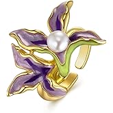 Gold Rose Pink Enamel Floral CZ FULLY ADJUSTABLE Statement Open Ring for Women by SNGIA, Daisy Orchid Flower Leaf Summer Beach Handmade Unique Pinky Band, Chunky Sunflower Stackable Cute Cuff Cocktail Ring Birthday Gift, Natural Bold Exaggerated Irregular Trendy Jewelry, Fashion Accessories, Vintage Nickle Free Gifts.