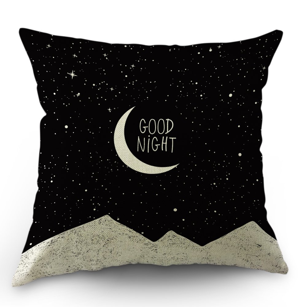 Moslion Moon Pillows Decorative Throw Pillow Cover Case Night Sky Moon Stars Mountain Good Night Quote Cotton Linen Pillow Case 18 x 18 Inch Square Cushion Cover for Sofa Bedroom Black White