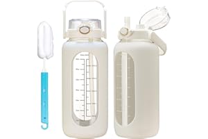 chunmo 64oz Glass Water Bolttles with Straw Half Gallon Large Motivational Water Bottle with Time Marker Sports Water Bottles with Silicone Sleeve and Handle Lid Water Jug for Gym Workout