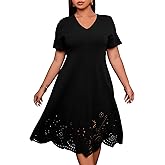 WDIRARA Women's Plus Size V Neck Scallop Trim Cut Out Short Sleeve A Line Swing Midi Dress