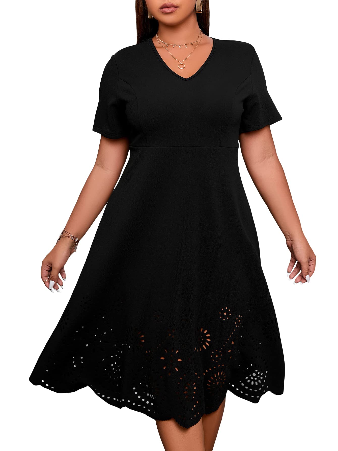 Photo 1 of WDIRARA Women's Plus Size V Neck Scallop Trim Cut Out Short Sleeve A Line Swing Midi Dress Black 2XL