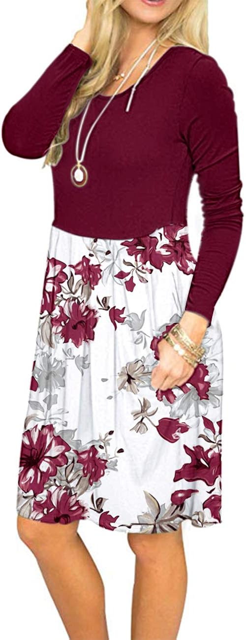 AUSELILY Women's Long Sleeve Pleated Loose Swing Casual Dress with Pockets Knee Length at  Women’s Clothing store