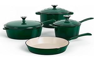 DishDelight Enameled Cast Iron Cookware Set, 7 Piece Set of Dutch Ovens, Sauce Pan, Skillet, 3 Lids, Ceramic Coated Cast Iron