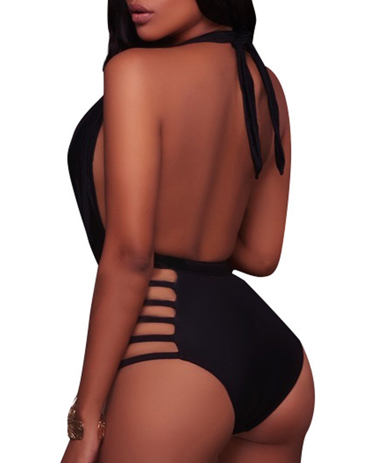 Women Sexy Cut Out Backless One Piece Swimsuit Deep V Neck Halter Monokini Bathing Suit High Leg Cut Swimwear Black M