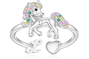 EXQUJEW Unicorn Initial Rings for Teen Girls, Rose Gold/White Gold Plated Heart Initial Rings for Girls Adjustable Stackable Rings for Women Diny Heart Ring for Teen Girls Gifts Unicorns Gifts for Girls