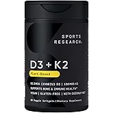 Sports Research® Vitamin D3 + K2 w/Coconut Oil - Vegan Vitamin D 2500iu (62.5mcg) & Mk7 Vitamin K 100mcg for Bone & Immune Su