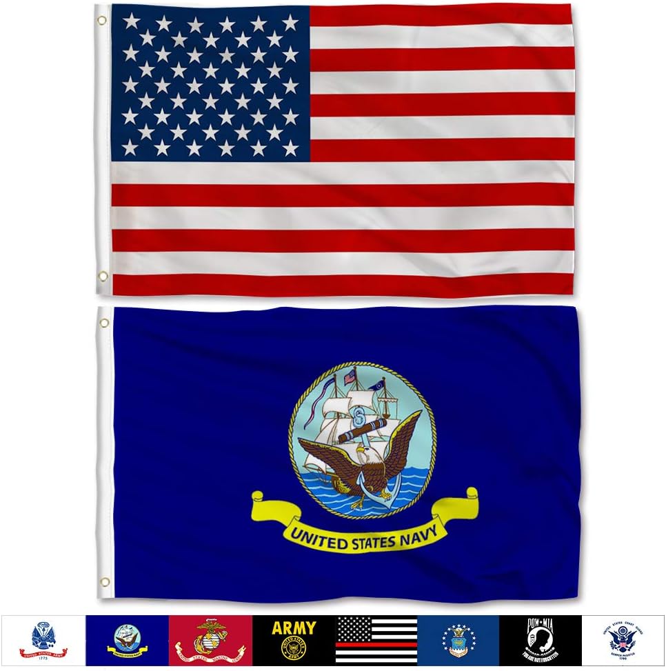 Aisto 2 Pieces 3x5 Feet US Navy Flag and American Flag Made by 100% Polyester – Vivid Color and UV Fade Resident