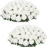 Aiinoo Artificial Roses 50 Pcs Velvet Silk Rose Real Touch Long Stem Fake Flowers Bulk for Flower Arrangement Wedding Centerpieces Home Party Decor (White)