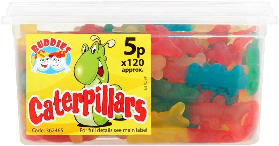 Buddies Caterpillars 120 Pcs Tub Sweets Kids Party Fruit Flavour Sweets