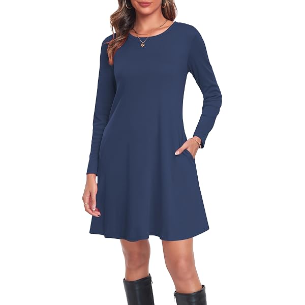 VintageClothing Women's Casual T Shirt Dresses Loose Long Sleeve Swing Dress  with Pockets, S Black at Amazon Women's Clothing store