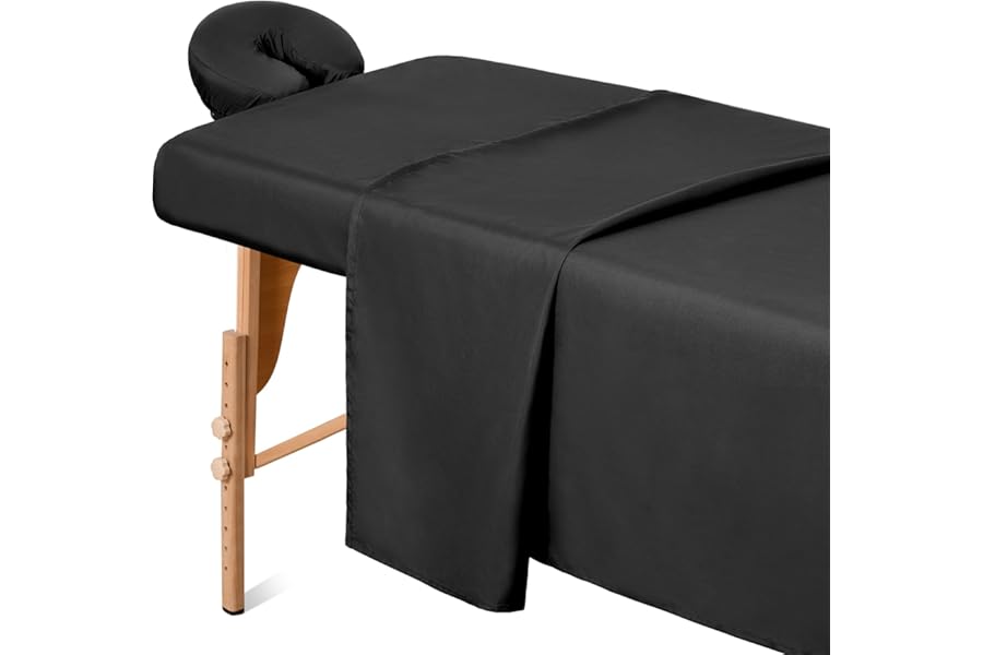 Comfyanno Massage Table Sheets Sets, 3 Pcs Professional Microfiber Massage Bed Cover Sheets, Soft, Light-Weight, Stain & Wrinkle Resistant, Includes Flat & Fitted Sheet, Face Cradle Cover – Black