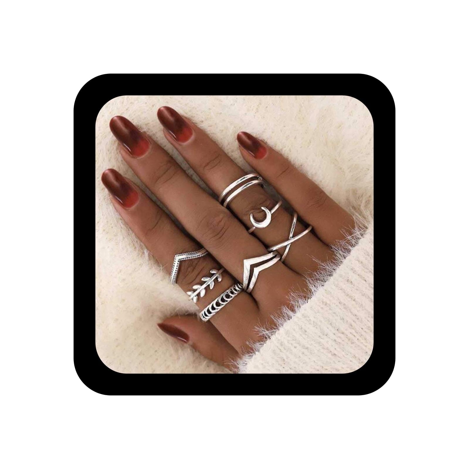 TseenYi Boho Knuckle Rings Silver Chevron Moon Rings Set Stacking Carved Joint Rings Vintage Midi Rings for Women and Girls