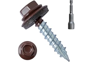LIONMAX Metal Roofing Screws #10 × 1 Inch, 300-PCS, Brown Painted Hex Head Sheet Metal Roof Screws, Rubber Washer, Sharp Point, Metal to Wood Siding Screws, Hex Socket Included