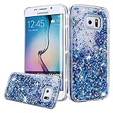 Galaxy S6 Edge Case, Galaxy S6 Edge Liquid Glitter Case,PHEZEN 3D Creative Design Shiny Quicksand Flowing Bling Glitter Sparkle Heart Clear Hard Case for Samsung Galaxy S6 Edge - Blue Diamonds