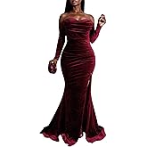 Vakkest Women Off The Shoulder Formal Dresses Long Sleeve Evening Party Velvet Maxi Dress High Split Cocktail Gowns
