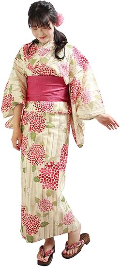 Amazon オオキニ 浴衣 単品 夏日記 変わり織 綿紅梅 レディース おしゃれ浴衣 あじさい クリーム 赤 フリーサイズ 浴衣 通販