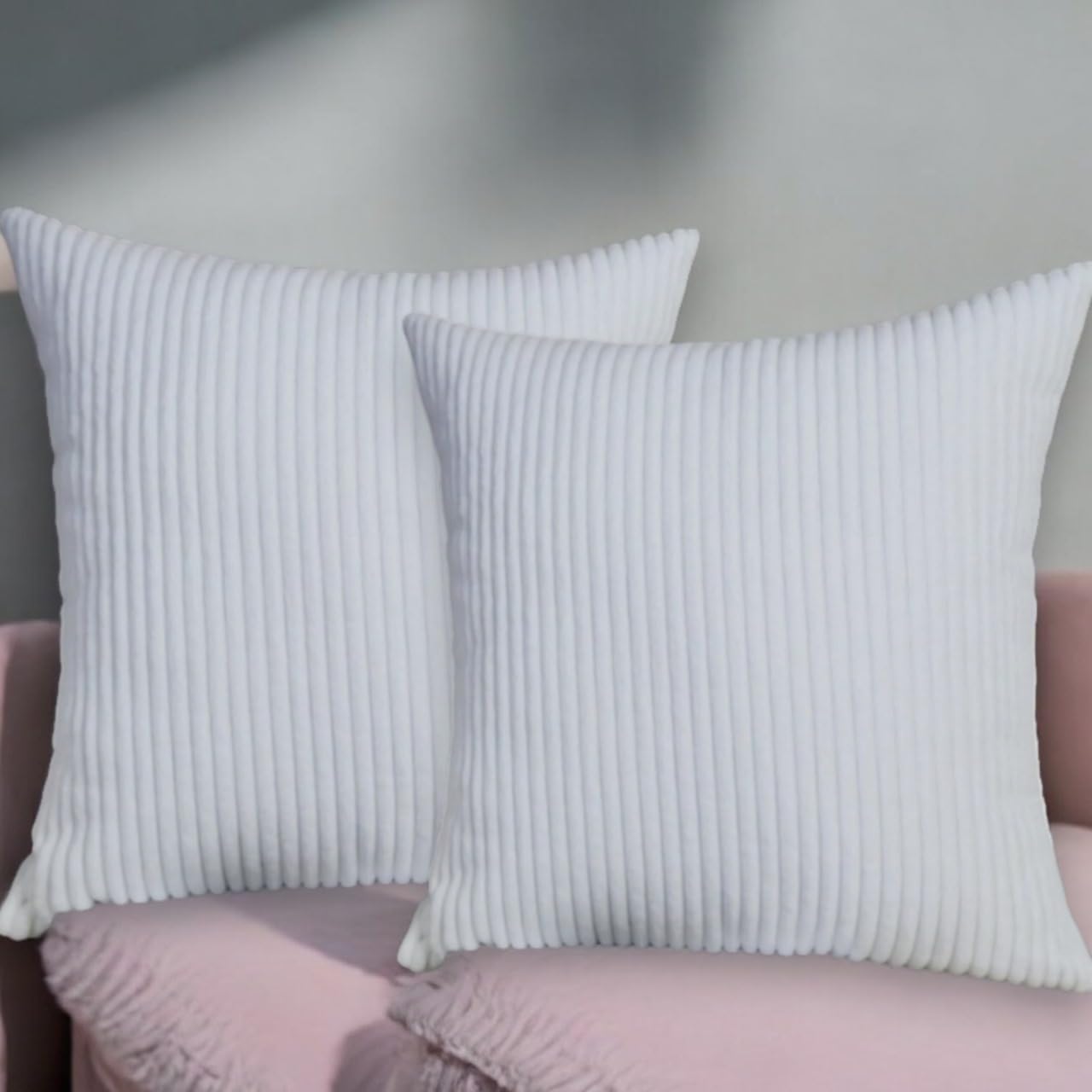 Seechoo Corduroy Cushion Covers, Set of 2, 45 x 45 cm, Striped, with Invisible Zipper, 18 x 18 Inch (White)