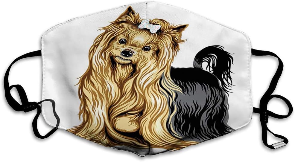 Anti-Dust Mouth M-ask Adjustable Earloop Face M-ask,Realistic Drawing Long Haired Yorkie Domestic Pet Cute Dog with Mild Expression
