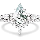 Jizuoku Moss Agate Ring Set 1 CT Kite Cut Moss Agate Rings for Women 925 Sterling Silver Rings With 18k White Gold Plated
