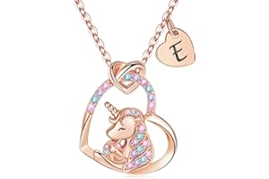 FLNEOO Unicorn Gifts for Girls Necklace Decorations - Unicorn Necklace Birthday Personalized Gifts for Girls Heart Pendant Hug Initial CZ Necklace Classic Unicorns Jewelry Gifts for Girls Fashion
