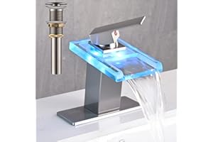 AVSIILE LED Bathroom Sink Faucet, Brushed Nickel Waterfall Single Hole Handle Vanity Faucets for Sinks 1 Hole with Metal Pop Up Drain and 2 Water Supply Lines, Open Glass Spout