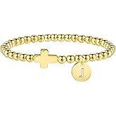 M MOOHAM Initial Bracelets for Women - Cross Bracelet for Womens Letter A-Z Cross Bracelet 14K Gold Plated Beaded Bracelets Dainty Small Jewelry, Religious Christian Gifts for Women