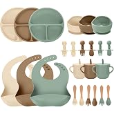 JELLDJK 24 PCS Silicone Baby Feeding Set, Baby Led Weaning Supplies Includes Suction Bowls and Divided Plates, Adjustable Silicone Bib, Spoons&amp;forks, Training cup with straw (Green+Brown+Beige)