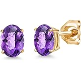 Gem Stone King 14K Yellow Gold Purple Amethyst Double Notch Stud Earrings | 1.50 Cttw | Gemstone February Birthstone | Oval Checkerboard 7X5MM | Gold Earrings For Women Men