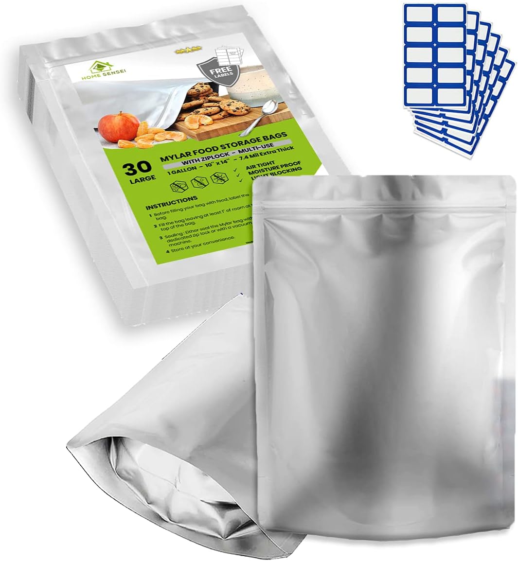 30 x 1 Gallon Mylar Bags for Food Storage - Extra Thick 7.4 Mil - 10
