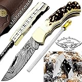 Pocket Knife 6.5''Stag Horn damascus steel knife Brass Bloster Back Lock Folding Knife +Real horn handel damascus knife +Sharpening Rod+Pocket Knives 100% Prime Quality+Buffalo horn Small Pocket knife
