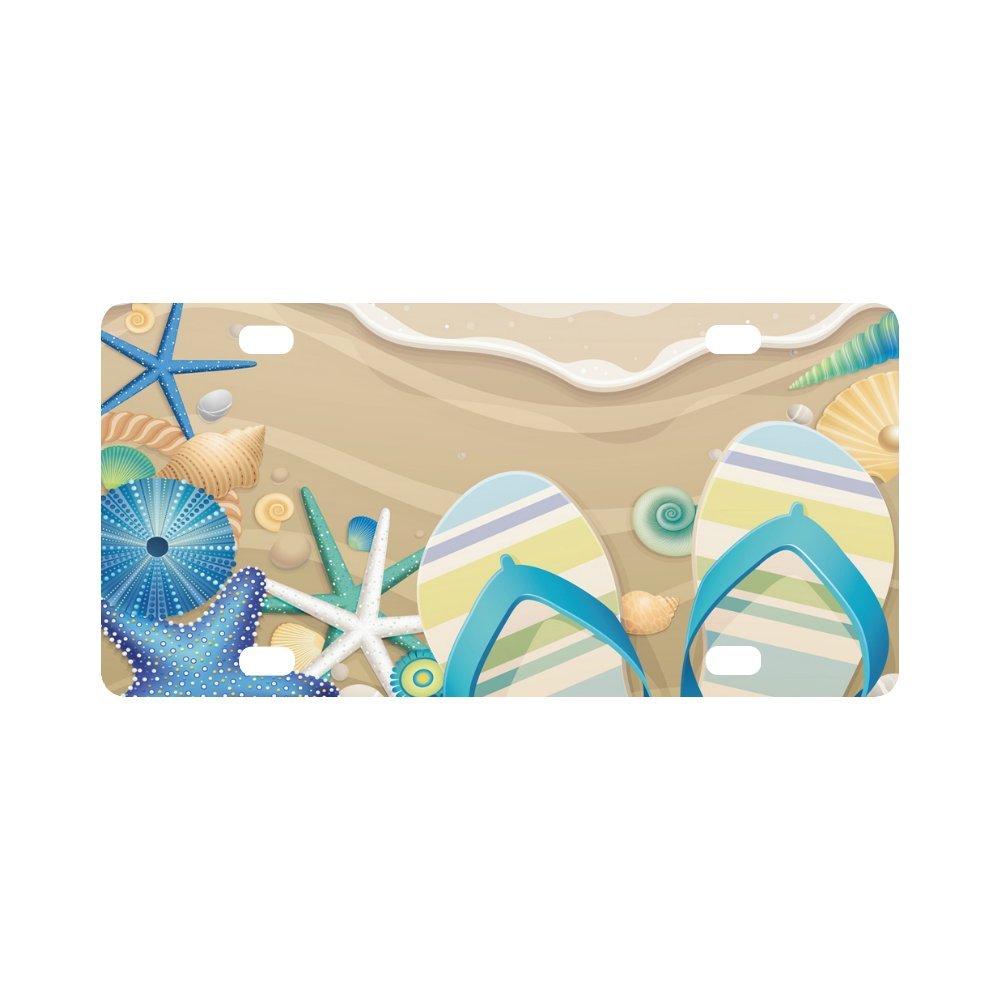 Summer Starfish Flip Flop on Beach Durable License Plate Frame Metal Personalized Car Tag 12 X 6 inches (4 Holes)