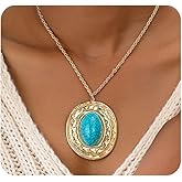 Navirix Western Turquoise Pendant Necklace Country Jewelry,Large Gold Turquoise Choker Necklace for Women,Vintage Big Oval Hanging Concert Jewelry