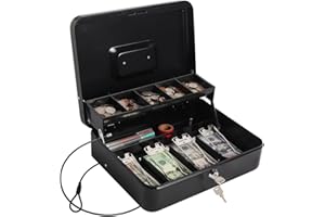 LOVNDI Cash Box with Money Tray and Lock, Large Money Box for Cash, 5 Compartments, 4 Spring-Loaded, Money Safe with Security Cable, Black
