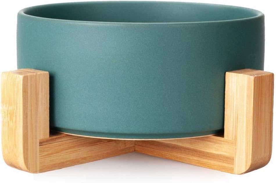FAME SUPERB Ceramic Pet Bowl for Puppy Cat Water Food Bowl with Bamboo Stand - No Tip Over Healthy Feeding Bowl Heavy Weighted Easy to Clean (Small - Matte Green)