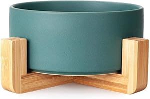 FAME SUPERB Ceramic Pet Bowl for Puppy Cat Water Food Bowl with Bamboo Stand - No Tip Over Healthy Feeding Bowl Heavy Weighted Easy to Clean (Small - Matte Green)