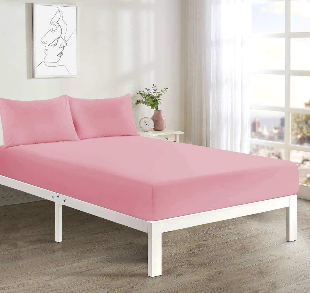Fitted Bed Sheet With FREE MATCHING 2 X PILLOW CASES Poly Cotton Percale Easy Care Plain Dyed Bed Sheet Pink King