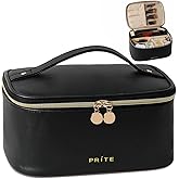 Prite Makeup Bag, Large Capacity Portable Travel Cosmetic Bag, Waterproof Makeup Organizer for Women with Handle and Divider (001 Black)