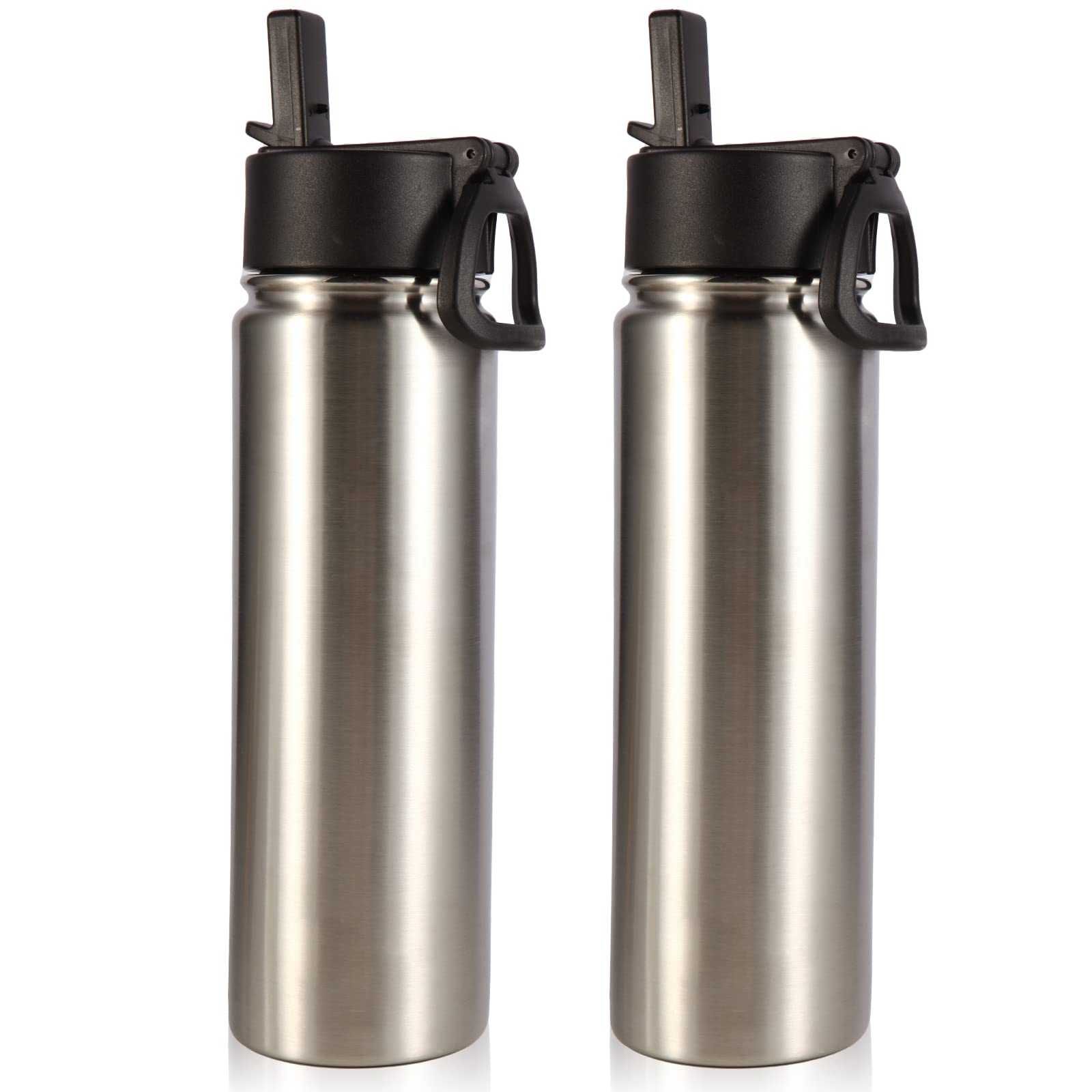 Volhoply Insulated Water Bottles with Straw Bulk 2 Pack, 660ml Stainless Steel Sports Bottle with Handle Lid, Double Walled Vacuum Metal Tumbler Cup, Reusable Cold Water Flask for Hiking(Silver,2 Set)